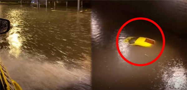 重慶市區大量積水，車輛如同「破浪」行駛，甚至有一車輛遭滅頂僅露出黃色的車頂。   圖：翻攝陸網友視頻