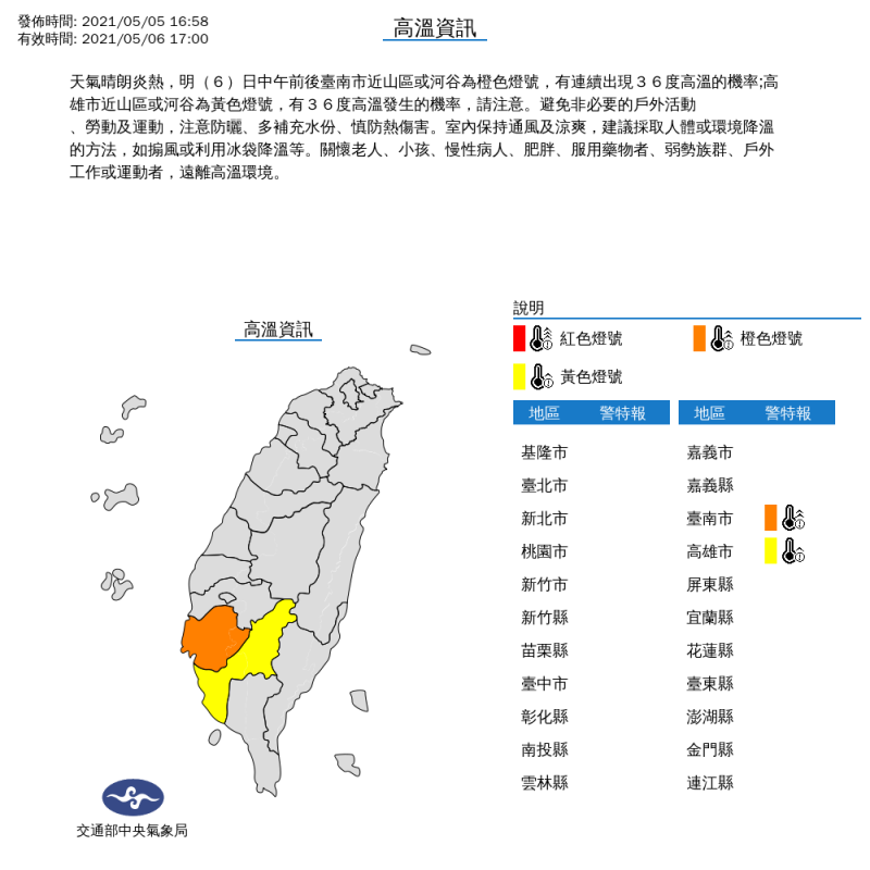 氣象局表示，明日台南市、高雄市中午前後可能出現36度以上高溫。   圖：中央氣象局／提供