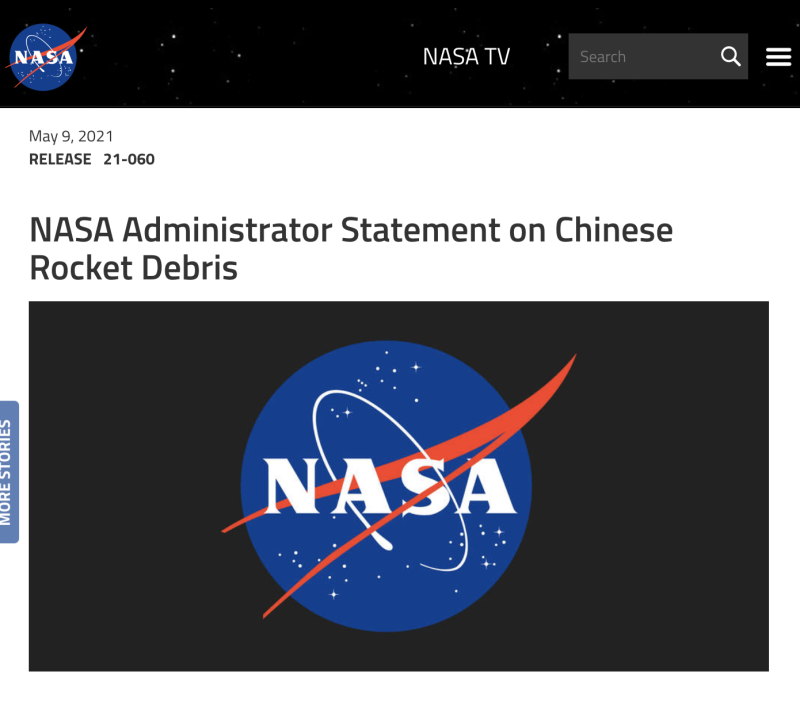 NASA署長尼爾森（Bill Nelson）當地時間9日針對中國火箭殘骸發表聲明。   圖：翻攝自NASA官網