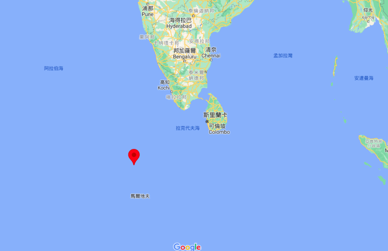 中國載人航天工程辦公室公布，長征五號B遙二運載火箭殘骸9日上午10時24分落於印度洋海域（紅標處）。   圖：新頭殼google製圖