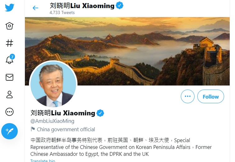 中國戰狼外交官劉曉明有大批網友相挺，但這些大多是假帳號   圖：翻攝自劉曉明推特