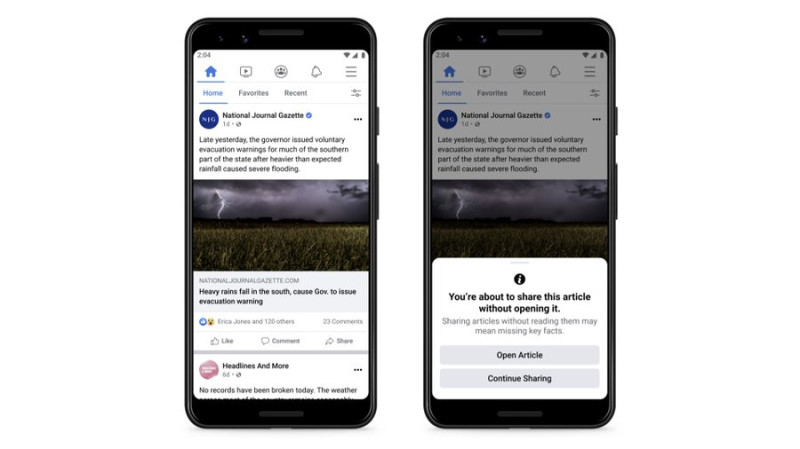 臉書正在測試一項新功能，建議用戶在分享文章前先點開、閱讀後再轉貼。   圖：取自臉書的推特