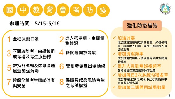 國中會考將在5/15-16舉辦，教育部公布8大防疫規定。   圖：擷取自行政院記者會直播
