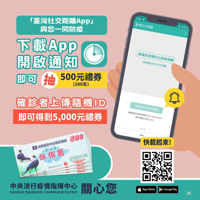 指揮中心為鼓勵民眾下載「台灣社交距離App」，於臉書進行抽獎活動。   圖：翻攝自「疾病管制署─1922防疫達人」臉書