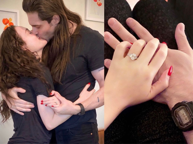 34歲的凱特丹寧絲亮出手上超大鑽戒，也獻上與愛人超甜蜜的親吻照。   圖：翻攝自IG