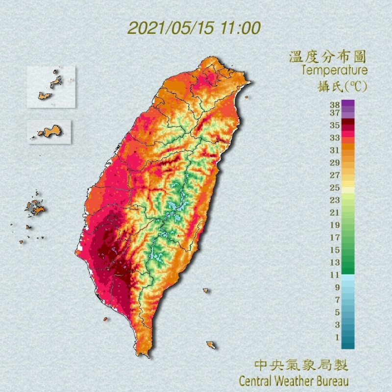 今日國中會考首日天氣炎熱，上午在台南玉井已出現39.2度高溫。   圖：中央氣象局／提供