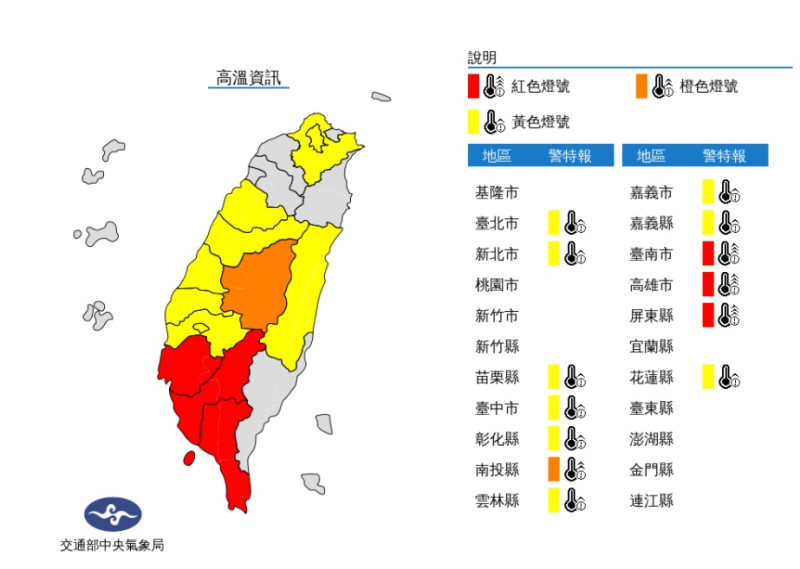 中央氣象局發布高溫資訊，台南市、高雄市、屏東縣近山區或河谷為紅色燈號，有連續出現38度極端高溫的機率。   圖/氣象局