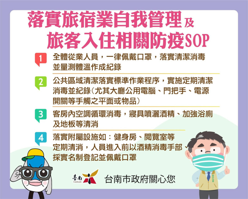 落實旅宿業自我管理及旅客入住相關防疫SOP。   圖：台南觀旅局／提供