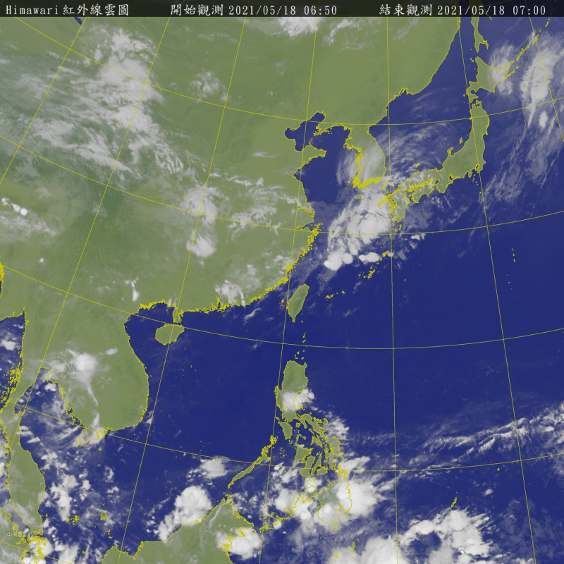 梅雨鋒面在台灣北方海面，距離i台灣北部還有200公里，但中部以北今天可望有些雨水，稍稍降溫。   圖：中央氣象局/提供