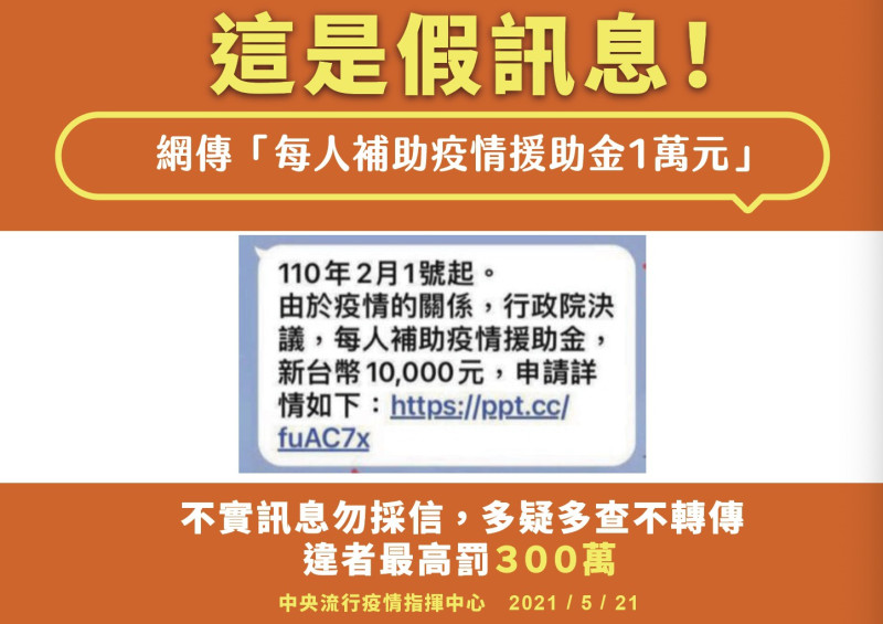 網傳「每人補助疫情援助金1萬元」是假訊息。   圖：中央流行疫情指揮中心/提供