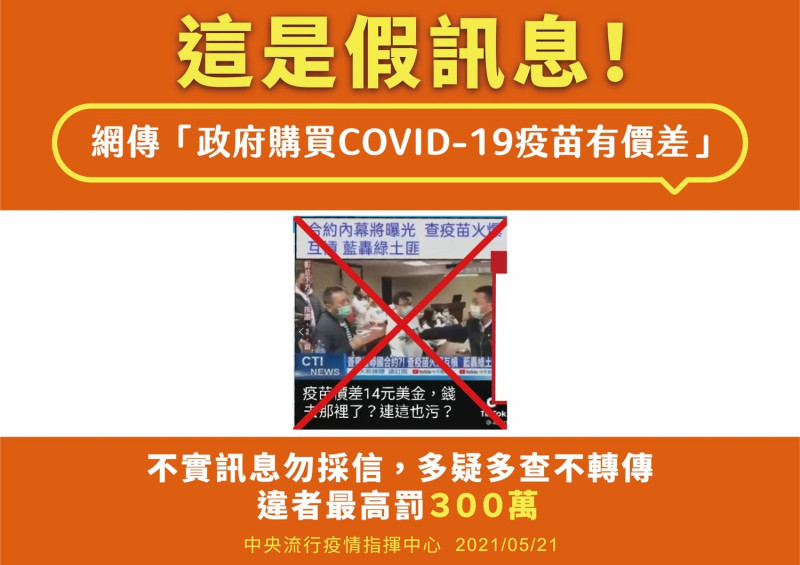 網傳「政府購買某廠牌COVID-19疫苗有價差」是假訊息。   圖：中央流行疫情指揮中心/提供