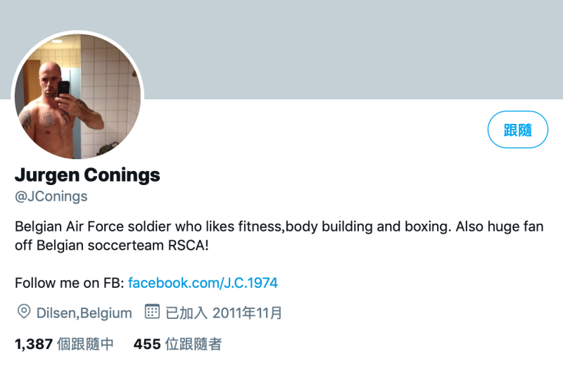 比利時1名46歲退伍軍人康寧斯（Jurgen Conings）日前透過社群平台，向1名防疫專家進行暴力威脅。   圖：擷取自Jurgen Conings推特