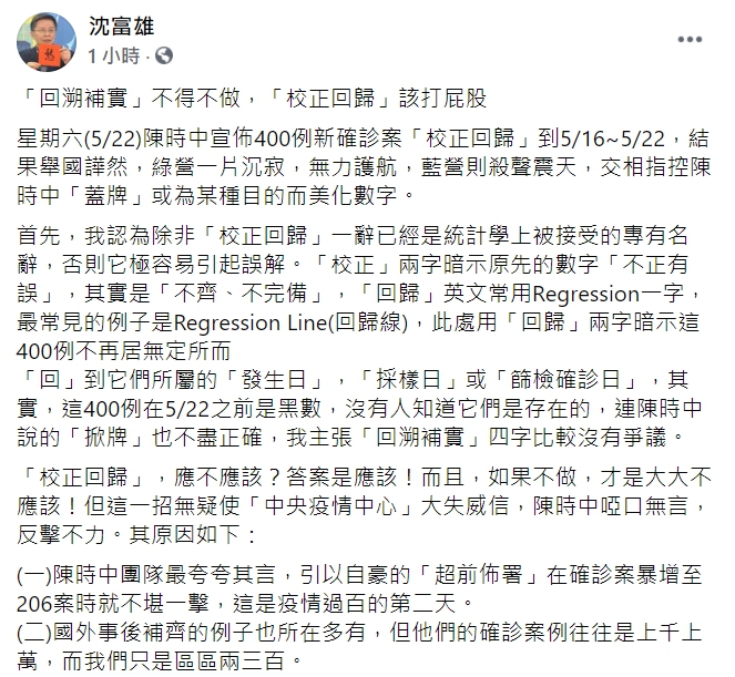 前民進黨立委沈富雄在臉書指出，「回溯補實」四字比較沒有爭議。   圖 : 翻攝自沈富雄臉書