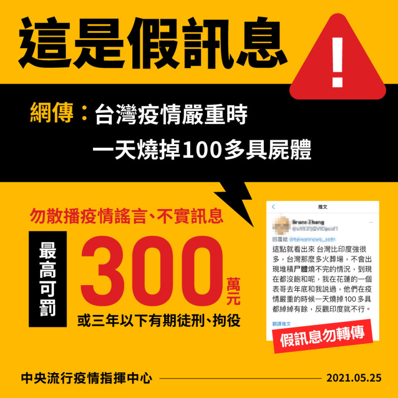 「台灣疫情嚴重時，一天燒掉100具屍體」此為假訊息。   圖：中央流行疫情指揮中心/提供