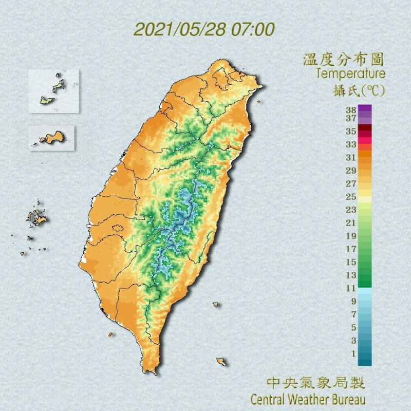 今天清晨7時，各地陸續熱起來，普遍都接近攝氏30度的高溫，整個台灣就像逐漸烤紅的番藷。   圖：中央氣象局/提供