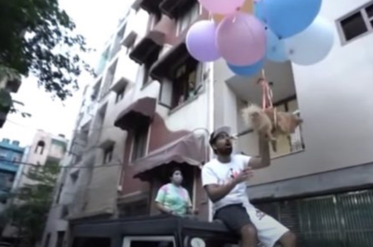 夏爾馬竟將博美犬綁上氦氣氣球，讓牠飛到空中。   圖：翻攝自推特