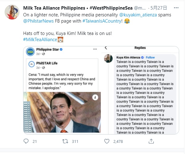 「菲律賓星報」貼文釣出菲律賓電視節目主持人「金大哥」（Kuya Kim）。他在留言中寫了30次「台灣是個國家」，最後還附上5面中華民國國旗小圖示，吸引5600多名網友按讚。   圖/翻攝自推特