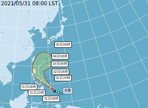 3號颱風「彩雲」預測路徑。   圖：中央氣象局／提供