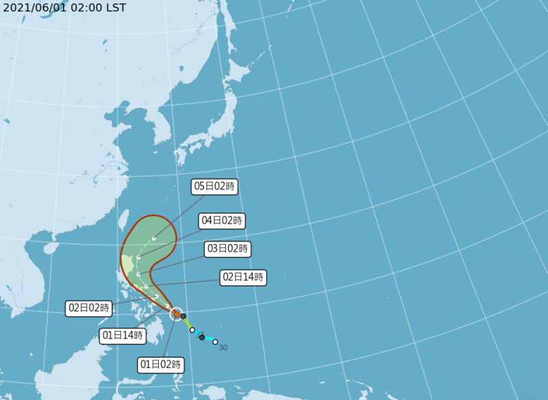 氣象局指出，「彩雲」颱風正在鵝鑾鼻南南東方1600公里的海面上，以每小時18公里速度，向西北進行，預計對台灣沒有影響。   圖：中央氣象局/提供