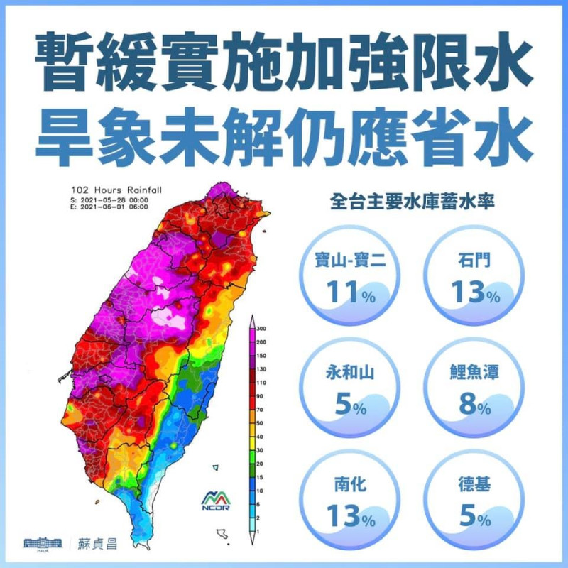 蘇貞昌臉書發文呼籲旱象還沒解除，仍應省水。   圖：翻攝蘇貞昌臉書