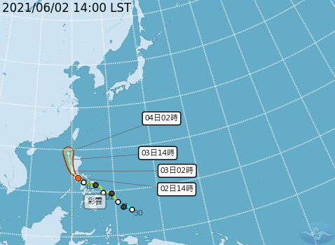 3號颱風「彩雲」預測路徑。   圖：中央氣象局／提供