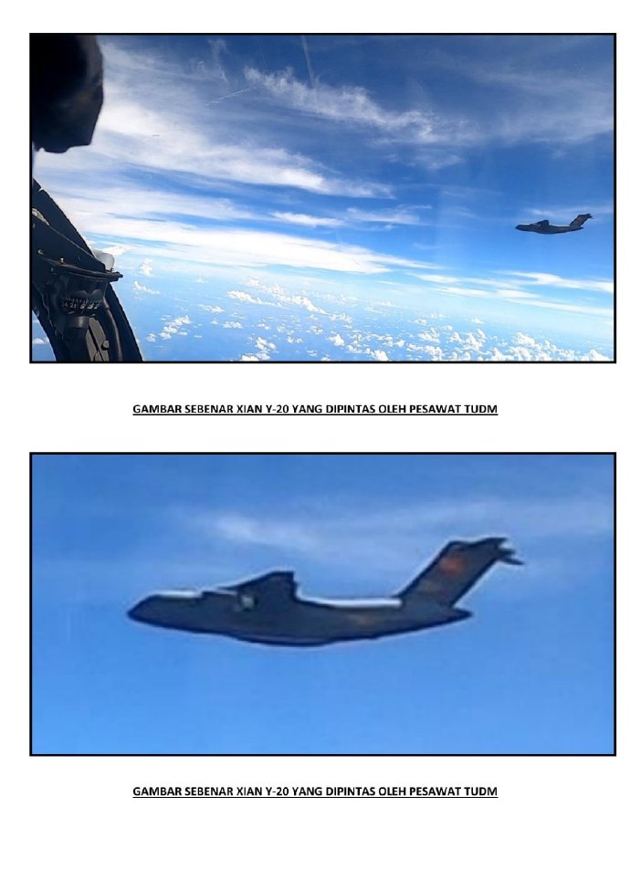 馬來西亞皇家空軍緊急升空目視識別照片，為解放軍運-20機種。   圖：翻攝彩虹熊_白玮微博