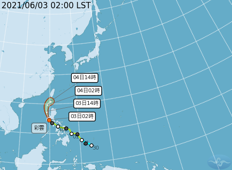 輕度颱風「彩雲」路徑略改、速度加快，預期強度可能減弱。   圖：中央氣象局/提供