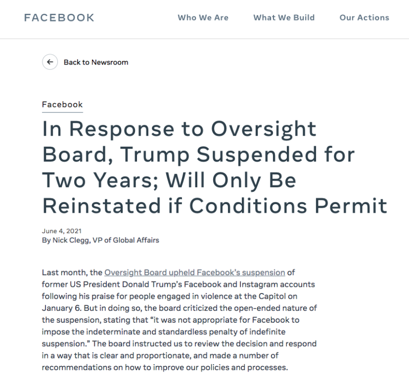 社群網站臉書（Facebook）當地時間4日發出聲明表示，鑒於前美國總統川普（Donald Trump）行為嚴重違反臉書使用規範，自今年1月7日起生效，將暫停川普的帳號兩年。   圖：翻攝自about.facebook.com