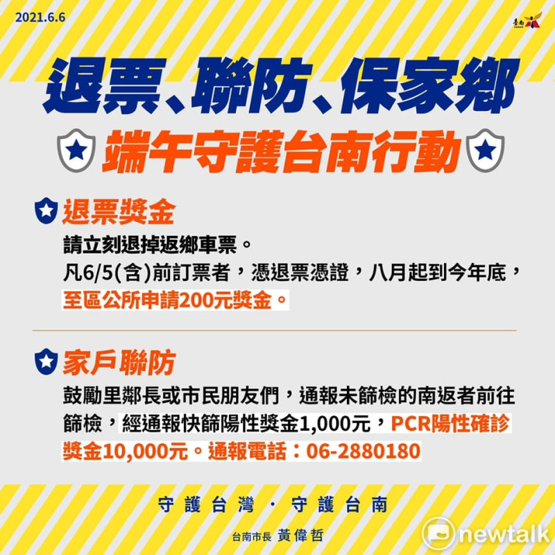 黃偉哲在臉書呼籲旅北子弟退票，及發檢舉獎金。   圖：台南市政府 / 提供