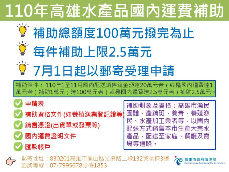 高市海洋局加碼補助水產品國內運費。 高市海洋局/提供