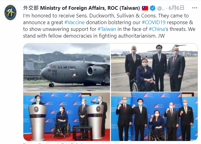 我國外交部指出，面對中國的威脅，感謝美國表現出對台灣堅定的支持。   圖 : 翻攝自外交部 @MOFA_Taiwan 推特