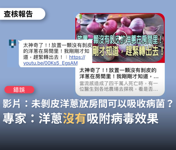 TFC台灣事實查核中心表示，網傳洋蔥放房間可吸附病毒，是無效的防疫作法。   圖：翻攝 TFC台灣事實查核中心 臉書