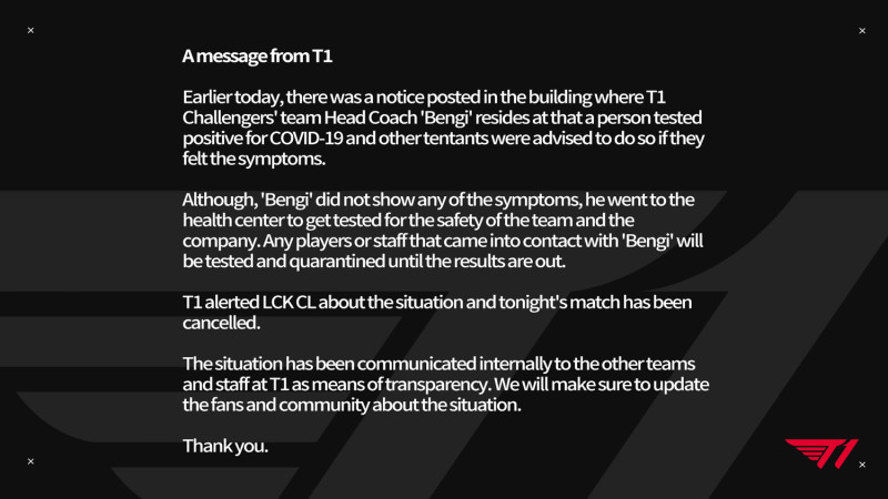 T1昨日緊急發出公告，宣布停止當晚二隊的比賽。 圖：翻攝自T1推特