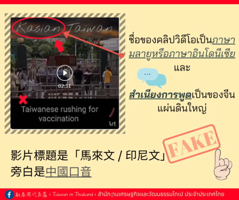 我駐泰代表處進一步指，影片標題為馬來文和印尼文，且旁白是「中國口音」。   圖：翻攝自「Taiwan in Thailand」臉書