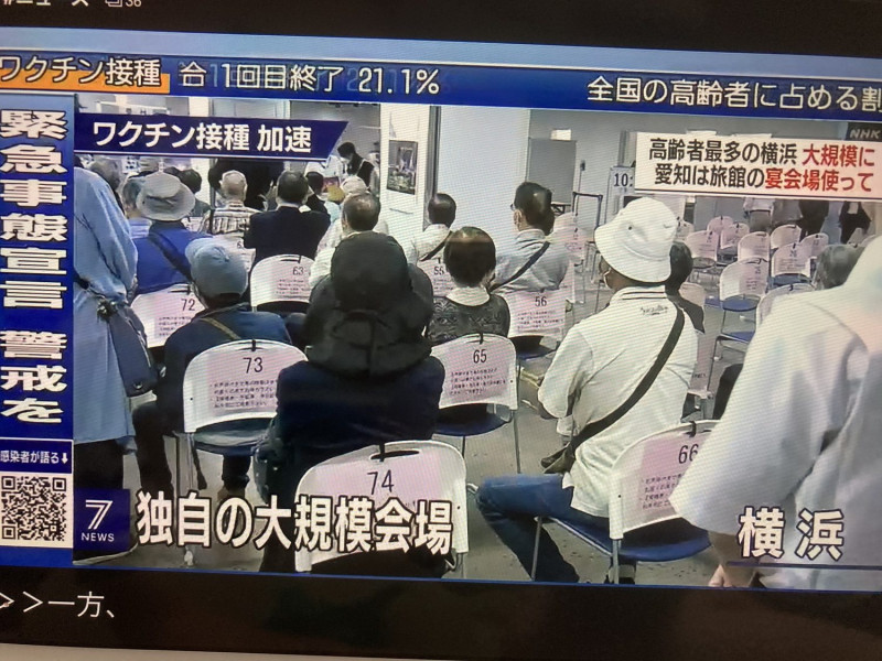 日本現在各地都自行開始大規模接種中心，目前還在打老人，預定七月底前打完。（攝自NHK新聞） 圖：劉黎兒 / 提供