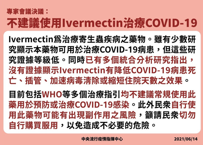 專家會議決議，不建議使用伊維菌素治療武漢肺炎。   圖：指揮中心／提供