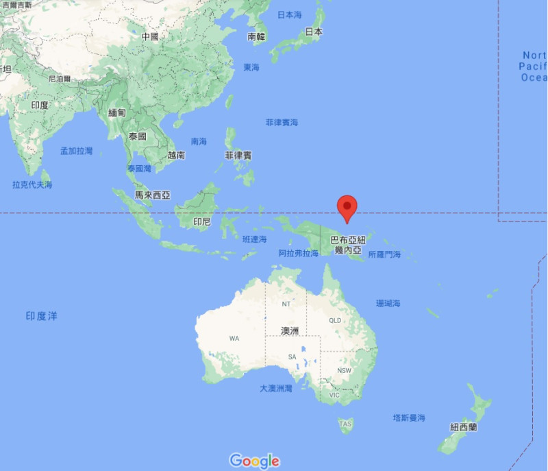 澳洲國防部將出資新台幣37.3億元，襄助北方巴布亞紐幾內亞重建曼奴斯島的隆布魯海軍基地。紅標處為曼奴斯島。   圖：翻攝Google Map