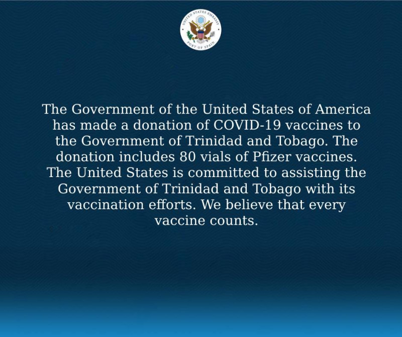 美國駐千里達及托巴哥大使館13日晚間宣布捐贈80瓶瑞輝疫苗給該國。   圖:翻攝自U.S. Embassy POS推特