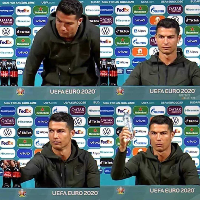 葡萄牙超級球星C羅(Cristiano Ronaldo)在首戰匈牙利的賽前記者會中受訪，僅憑一個動作，就讓可口可樂市值重挫。   圖:翻攝自推特