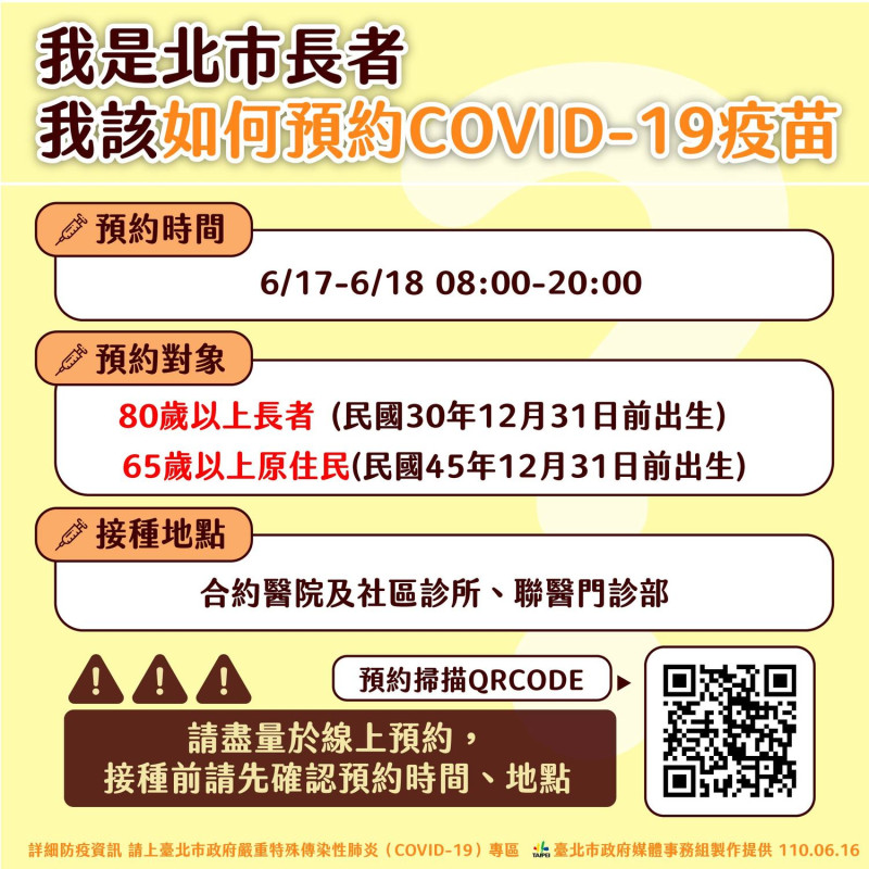台北市明上午八點開放第二波長者預約施打疫苗。   圖：台北市政府 / 提供
