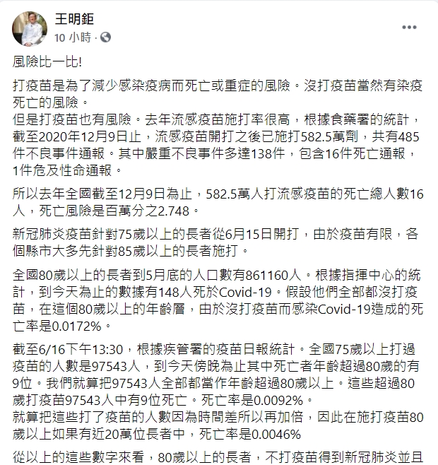 台大醫院癌醫中心分院副院長王明鉅在臉書分析接種疫苗與不接種的死亡率。   圖：翻攝自王明鉅臉書