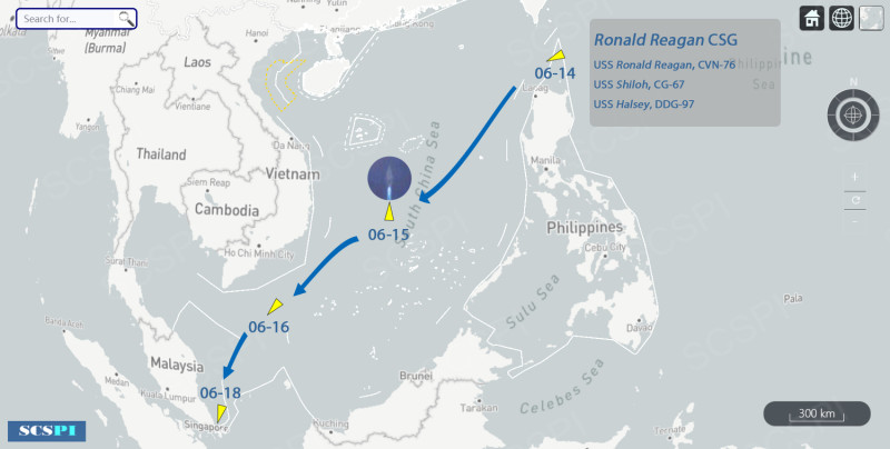 「雷根號」航母將離開南海水域，通過麻六甲海峽，進入印度洋水域。   圖：翻攝SCS Probing Initiative推特