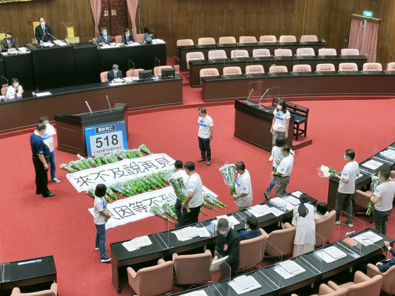 國民黨立委逐一將白色菊花擺在議場前。   圖 : 國民黨團 / 提供