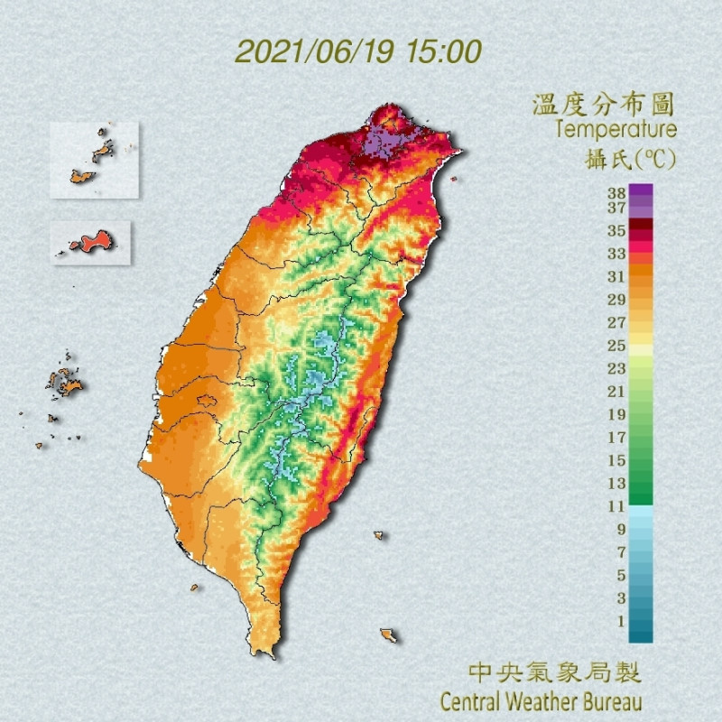 今日下午3點台灣溫度分布圖。   圖：翻攝自中央氣象局官網