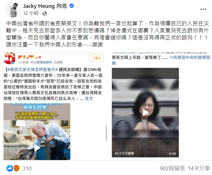 對於總統蔡英文發推悼念拜登愛犬冠軍，香港娛樂大亨向華強之子向佐嗆「請你注重下我們中國人的形象。」   圖：截自向左臉書