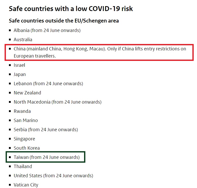 在荷蘭公布的安全國家名單中，分清楚台灣（綠框處）與中國（紅框處）。   圖：翻攝自荷蘭政府官網