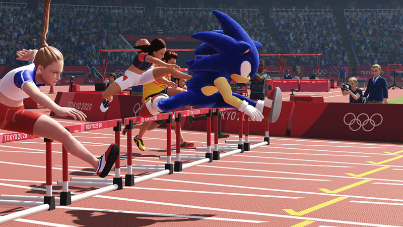 《2020東京奧運 The Official Video Game》在遊戲內的虛擬人物中追加了「索尼克」布偶裝，玩家可以披著「刺蝟皮」參與多項運動競技。   圖：SOGA提供