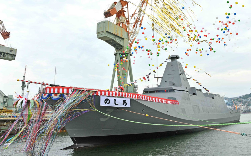 日本海上自衛隊新型「最上級」護衛艦的3號艦「能代號(のしろ，FFM-3)」命名及下水典禮。   圖：翻攝防衛省 海上自衛隊推特