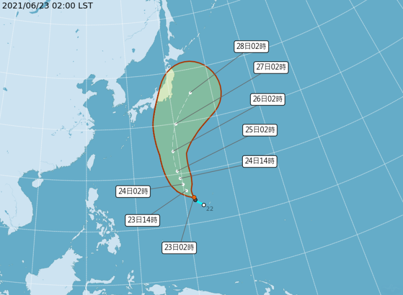 關島附近海面熱帶性低氣壓形成，最快今天發展成輕度颱風「薔琵」。   圖：中央氣象局/提供