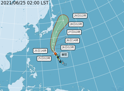 輕度颱風「薔琵」從鵝鑾鼻東方2000公里海面上，向北北西進行，離台灣越來越遠。   圖：中央氣象局/提供